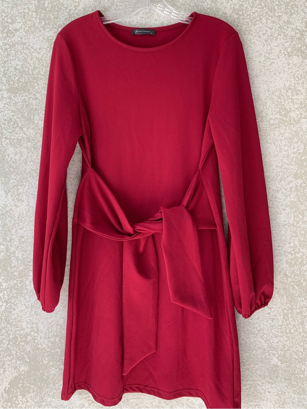 PrettyGarden Red Waffle Knit Tie Front Puff Sleeve Mini Dress Small